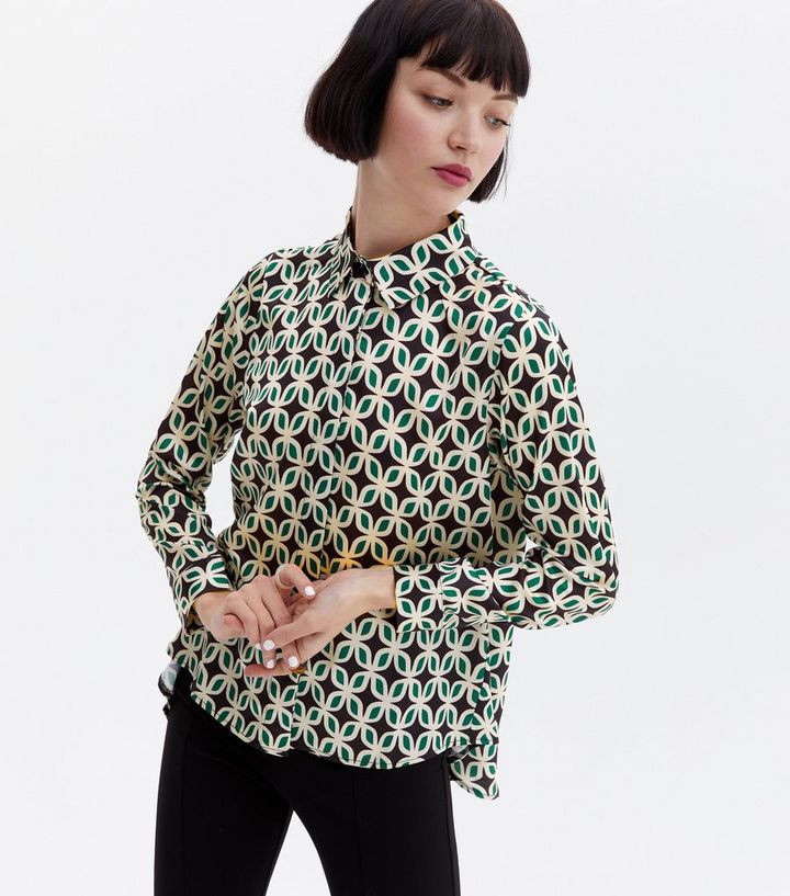 Cameo Rose Green Geometric Dip Hem Long Sleeve Shirt
						
						Add to Saved Items
						Remove... | New Look (UK)