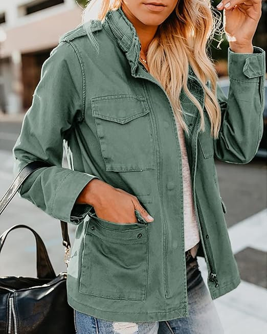 Womens Military Anorak Jacket Zip Up Snap Button Parka Safari Utility Coat Outwear with Pockets | Amazon (US)