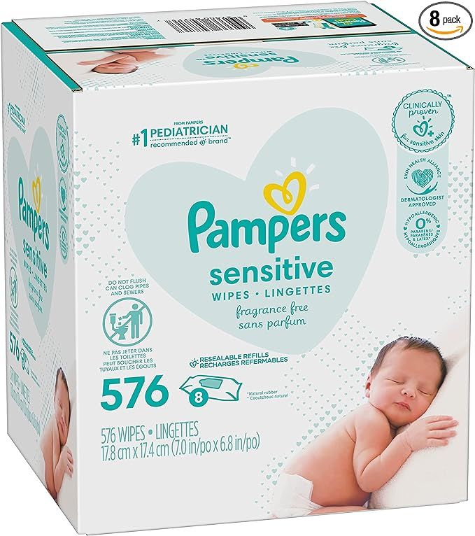 Baby Wipes, Pampers Sensitive Water Based Baby Diaper Wipes, Hypoallergenic and Unscented, 8 Refi... | Amazon (US)