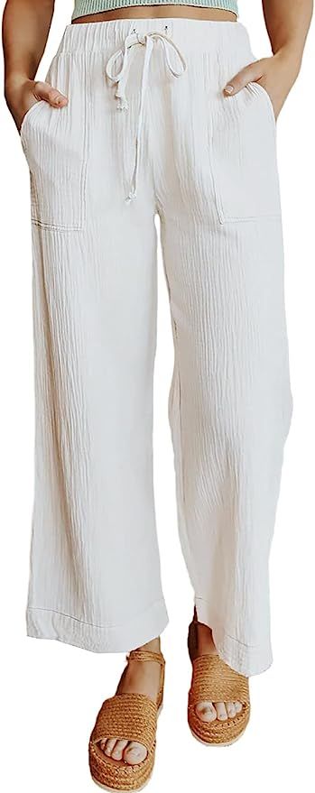 Sidefeel Women Drawstring Elastic Waist Palazzo Wide Leg Pants with Pockets | Amazon (US)