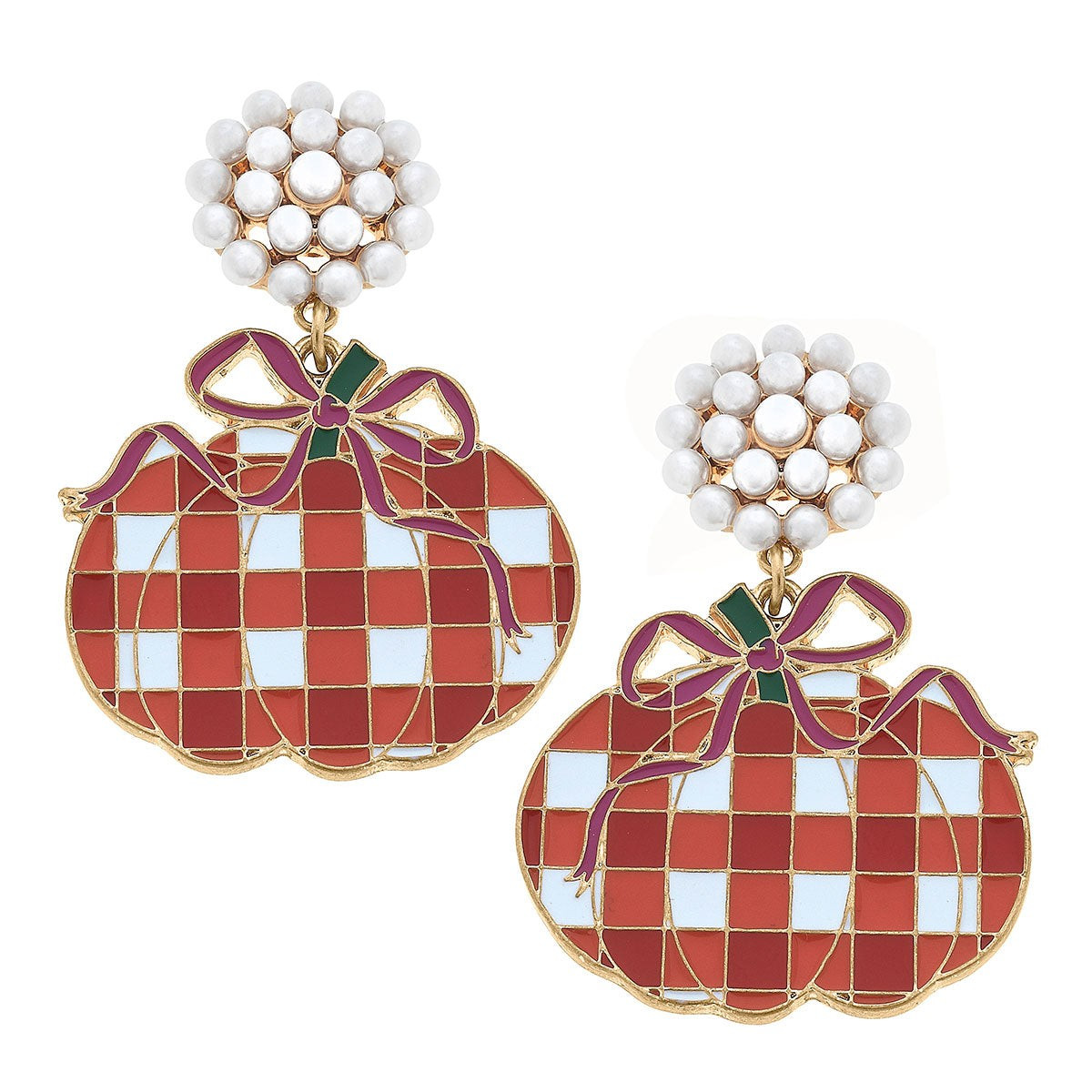 Halloween Gingham Pumpkin Enamel Earrings in Orange & White | CANVAS
