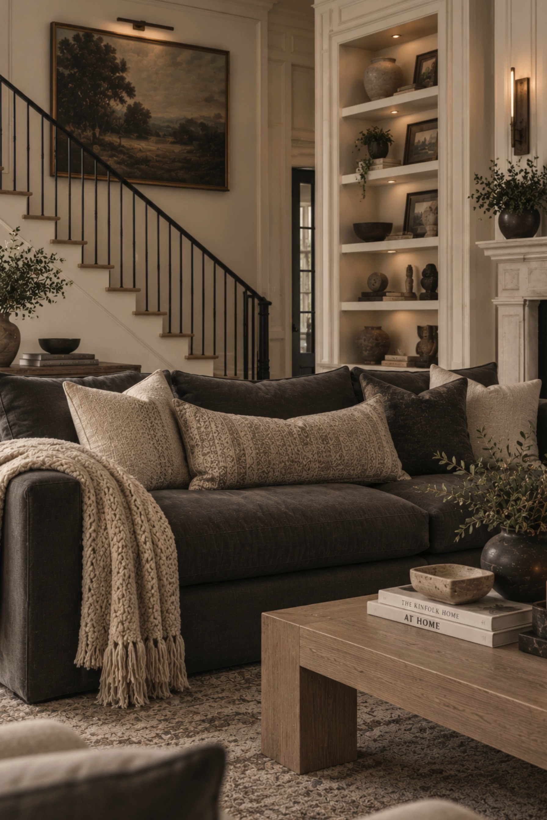 Moody Neutral Living Room Inspiration 🤎 This sophisticated living room layers a deep chocolate brown sofa, creamy patterned pillows, warm wood, and vintage-inspired accents for a cozy modern traditional look. The built-in shelves are styled with collected pottery, framed artwork, books, and greenery, while the classic fireplace, oversized landscape art, black iron staircase railing, chunky knit throw, and warm wood coffee table add timeless character. Soft lighting and earthy neutral tones give this space an elevated English-inspired feel that’s perfect for a cozy fall living room refresh.

🖤 If you want to see more content like this, FOLLOW maeveandmodern on LTK, Instagram, and Pinterest! Check out our blog where we post daily, maeveandmodern.com!

Moody Living Room | Fall Living Room Decor | Chocolate Brown Sofa | Brown Sofa Styling | Cozy Living Room Ideas | Modern Traditional Living Room | English Inspired Interiors | Warm Neutral Living Room | Patterned Throw Pillows | Neutral Throw Pillows | Chunky Knit Throw | Built In Shelves | Bookshelf Styling | Vintage Pottery | Landscape Wall Art | Fireplace Decor | Wood Coffee Table | Coffee Table Styling | Black Iron Railing | Vintage Inspired Rug | Collected Interiors | Earth Tone Decor | Cozy Fall Home | Timeless Home Decor | Designer Living Room Inspiration

#LTKHome #LTKSaleAlert #LTKFindsUnder100 #LTKSeasonal 

 