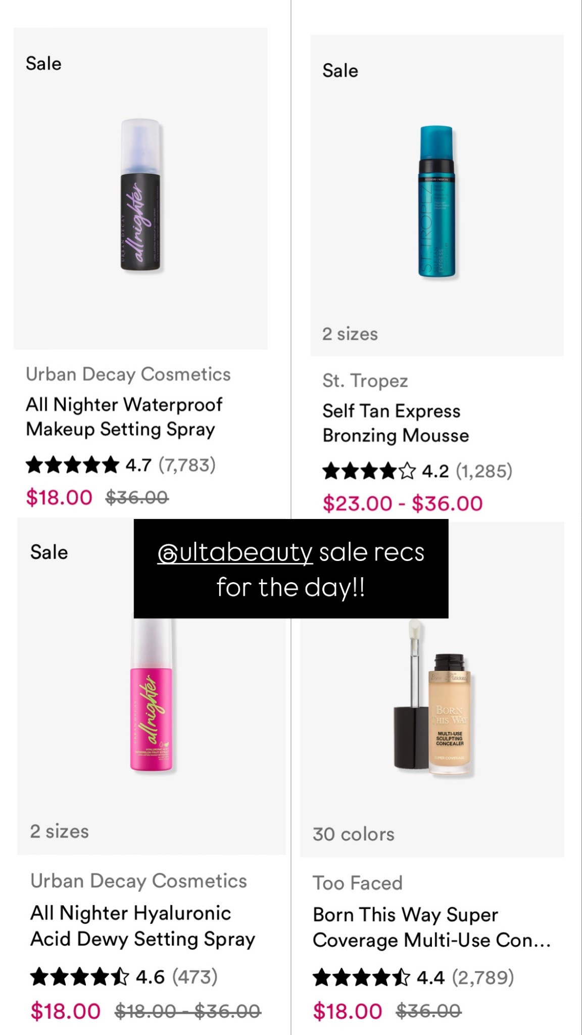 Ulta 21 Days of Beauty Sale Recs Day 2 🥳 such a good day! Urban Decay All Nighter and St Tropez 50 % off

#LTKSpringSale #LTKBeauty