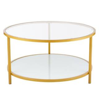 Merra 34 in. Gold Round Tempered Glass Coffee Table with Low Storage Shelf | The Home Depot