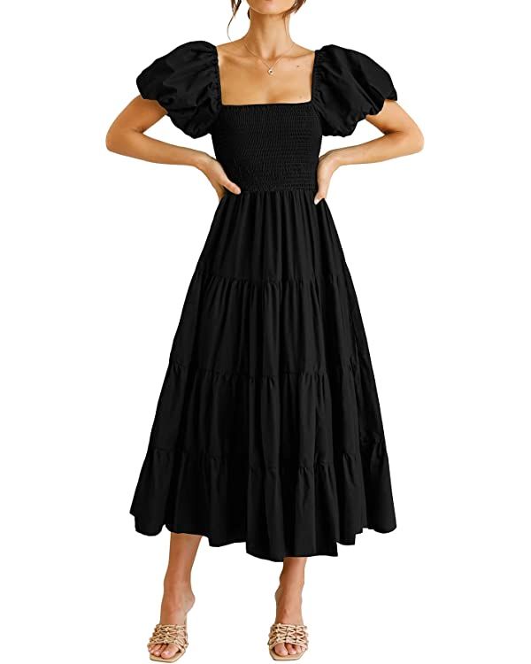 PRETTYGARDEN Women's Casual Summer Midi Dress Puffy Short Sleeve Square Neck Smocked Tiered Ruffl... | Amazon (US)