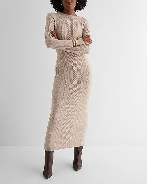 Cable Knit Crew Neck Long Sleeve Maxi Sweater Dress | Express