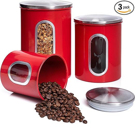 MiXPRESSO 3 Piece Red Canisters Sets For The Kitchen, Kitchen Jars With See Through Window | Airt... | Amazon (US)