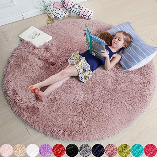Blush Round Rug for Bedroom,Fluffy Circle Rug 5'X5' for Kids Room,Furry Carpet for Teen Girls Roo... | Amazon (US)