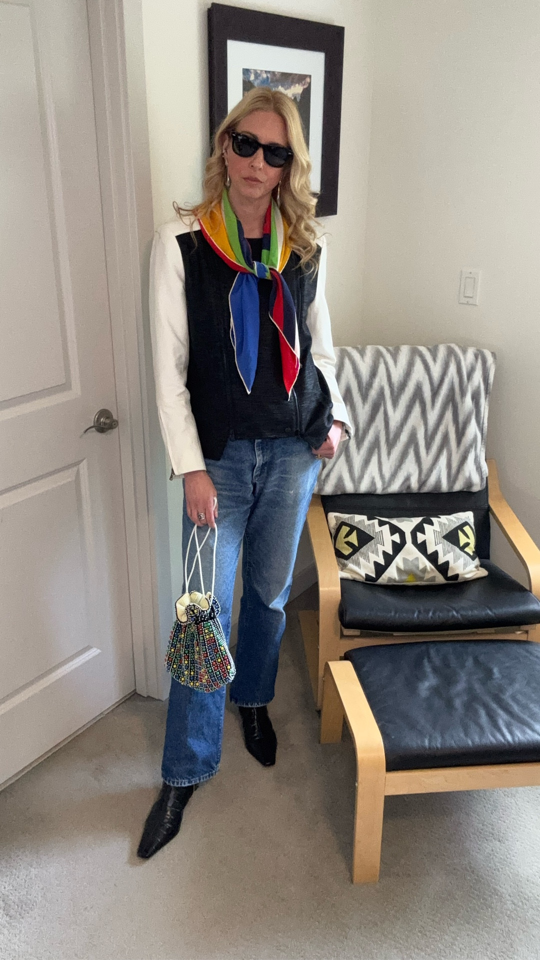 Vintage Lee jeans from eBay
Tibi jacket from The RealReal
Black croc boots from Michael Kors
Vintage YSL scarf from eBay
Vintage 70s Dot/candy bag from eBay
Sunglasses Ray-Ban Wayfarer 


#LTKTall #LTKOver40 #LTKootd