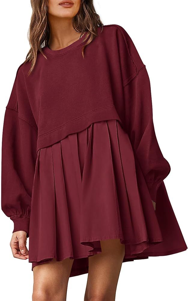 Women's Casual Sweatshirt Dress Long Sleeve Patchwork Pullover Tops Pleated Mini Dresses       
M... | Amazon (US)
