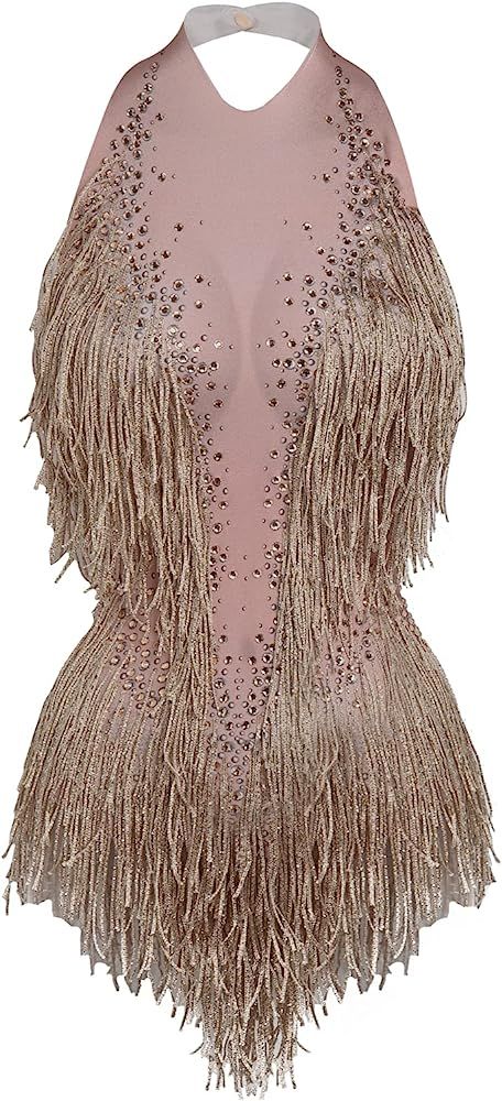 Yoyomomozi Sparkly Diamante Fringe Bodysuit Women Sexy Dancer Leotard Celebrate Outfit Prom Bar B... | Amazon (US)