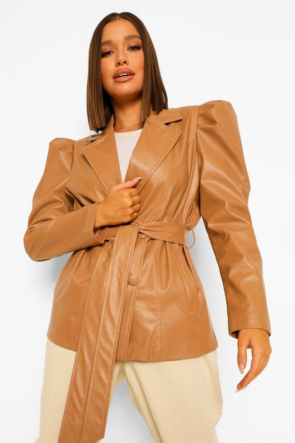 Womens Faux Leather Puff Shoulder Belted Jacket - Beige - 6 | Boohoo.com (US & CA)