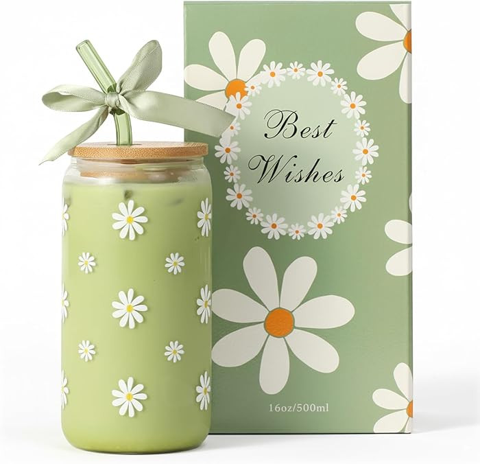 Cute Glass Matcha Cup with Lids and Straws, Teen Girl Birthday Gifts Daisy Iced Coffee Cups, Sage... | Amazon (US)