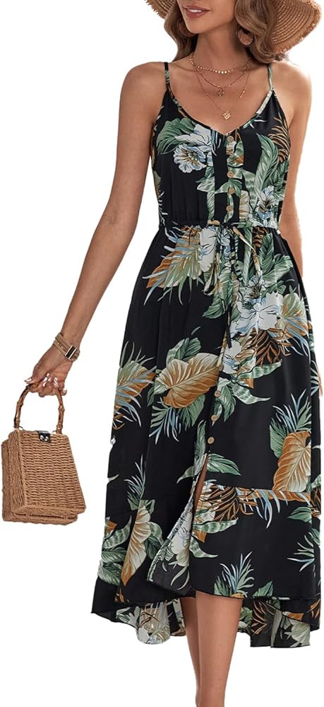 BROVAVE Women's 2024 Summer Casual Boho Sundress Polka Dot Spaghetti Strap V Neck Flowy Midi Dres... | Amazon (US)