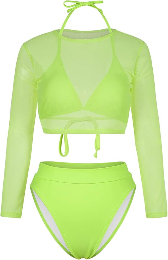 Kisscynest Women's 3 Pieces Swimsuit with Long Sleeve Mesh Shirt Coverup | Amazon (US)