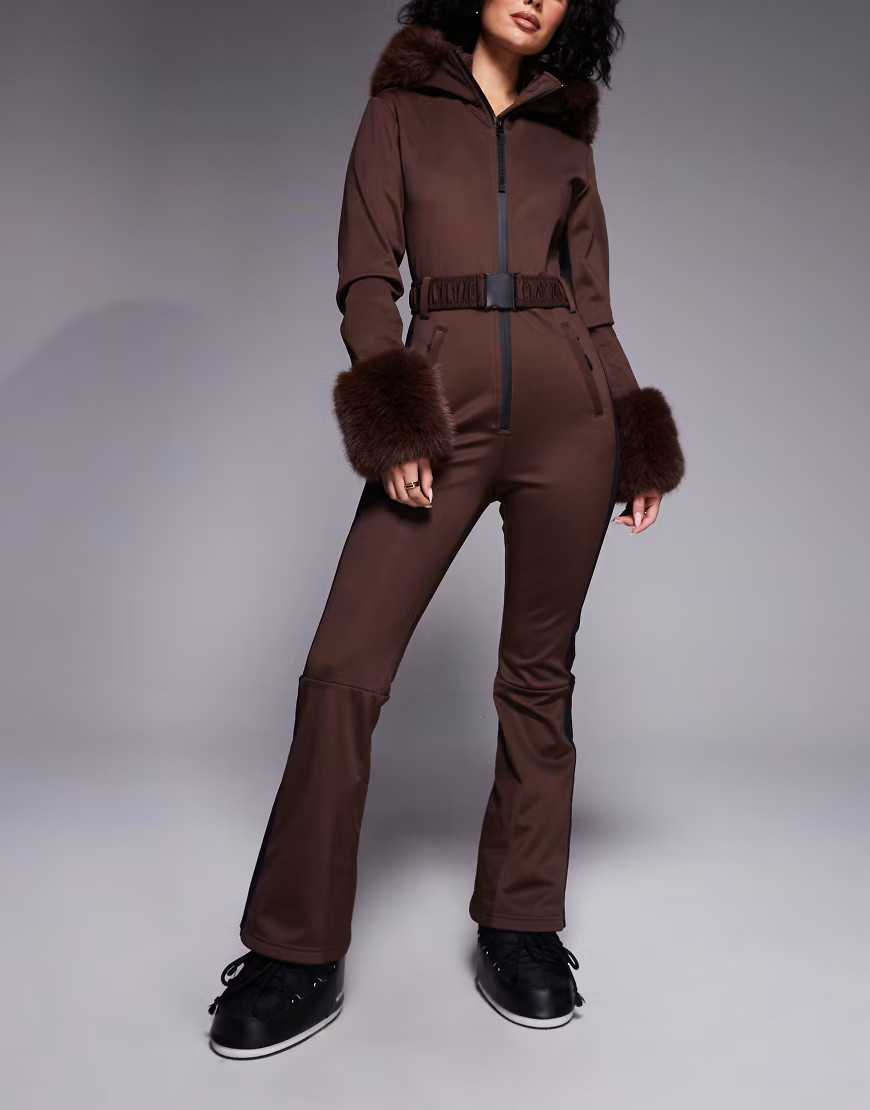 ASOS 4505 Hourglass Ski soft shell belted ski suit with side stripe and faux fur trim in coffee-Brown | ASOS (Global)
