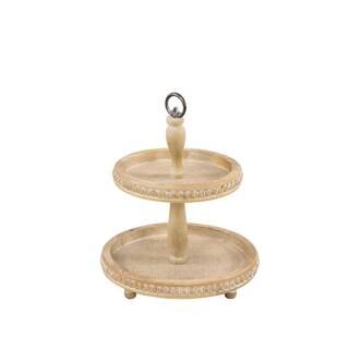 Tall Natural Beige Wood 2-Tier Round Serving Tray Stand | The Home Depot