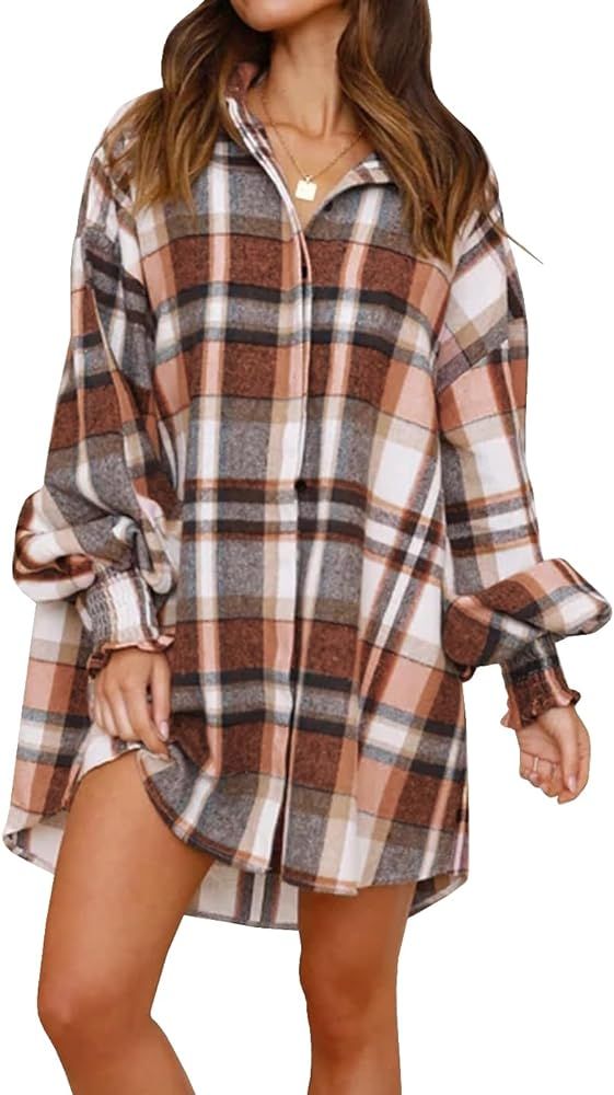 Danedvi Womens Oversized Flannel Plaid Shirts Jacket Ballon Sleeve Button Down Shacket Coats | Amazon (US)