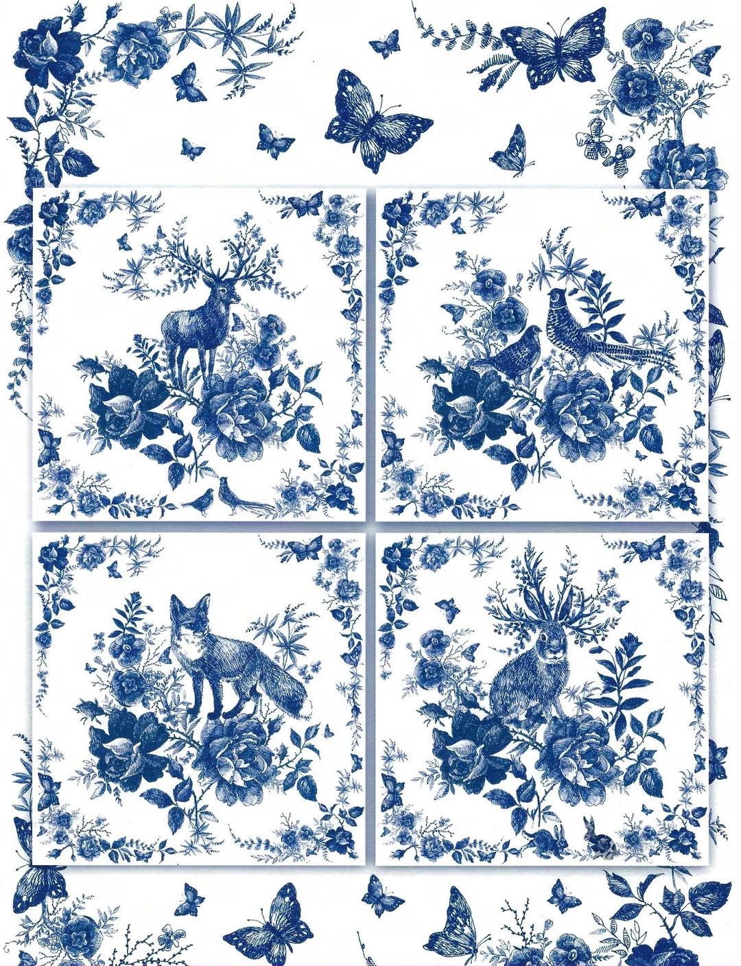 Forest Animals in Blue and White Rice Paper for Decoupage Four Images Pheasant Fox Rabbit Deer, A... | Etsy (US)