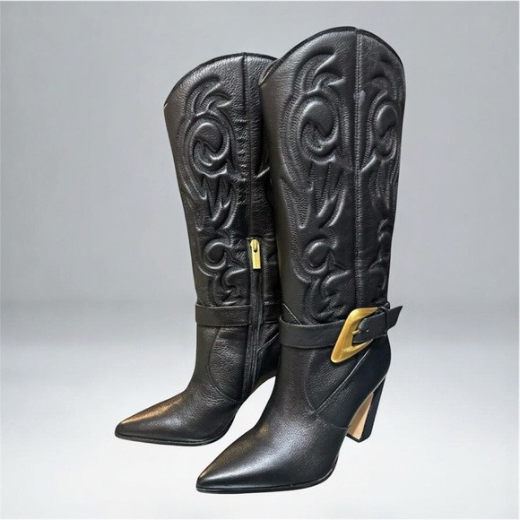 Vince Camuto Biancaa Knee-high Western Style Leather Boots - Black Size 7.5 New | Poshmark