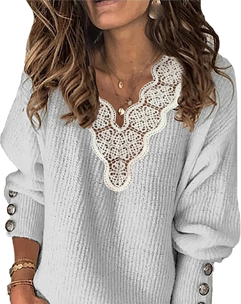 Women’s Fashion Long Sleeve Knitted Sweater Lace V Neck Loose Pullover Sweaters Tops | Amazon (US)