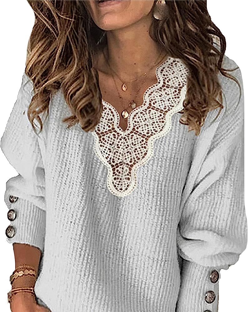 Women’s Fashion Long Sleeve Knitted Sweater Lace V Neck Loose Pullover Sweaters Tops | Amazon (US)