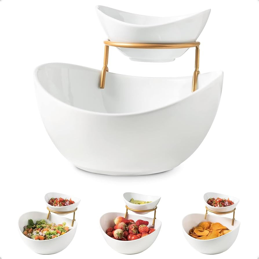 YHOSSEUN Chip and Dip Serving Set 2 Tiered Oval Dip Bowls with Metal Rack for Appetizer, Dessert,... | Amazon (US)