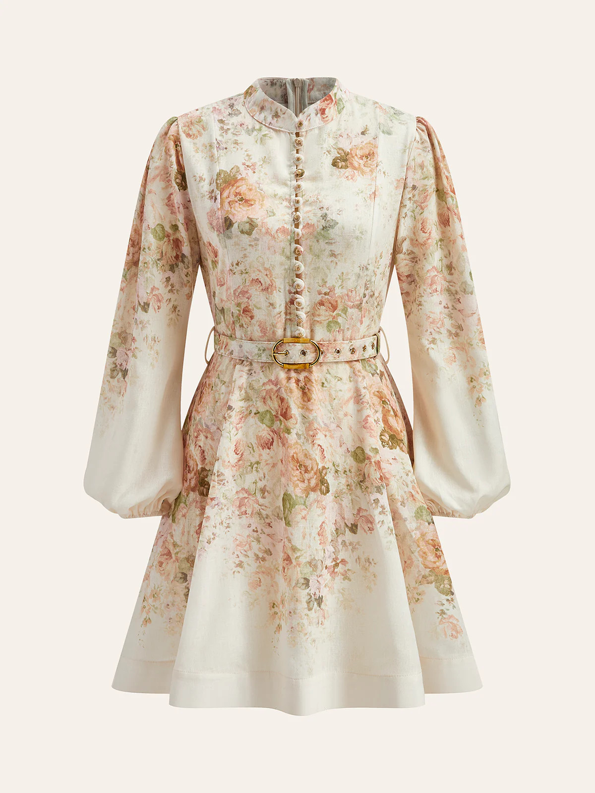 Cotton & Linen Puff Sleeve Floral Belted Dress | Commense