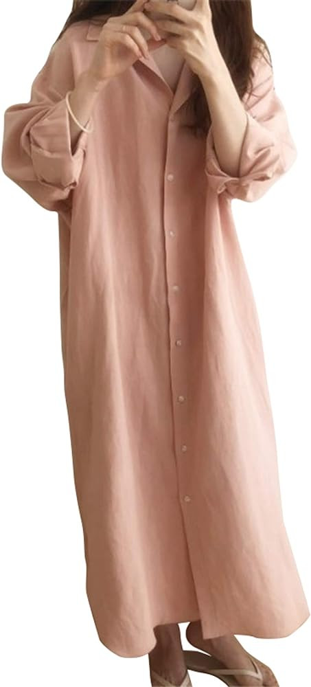 GGUHHU Womens Chic Button Down Rolled-Up Sleeve Long Cotton Blouse Maxi Dress | Amazon (US)