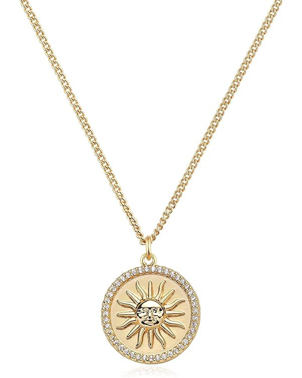 MEVECCO Women Gold Necklace Coin Disc Celestial Patterned Engraved Pendant 18K Gold Plated Simple... | Amazon (US)