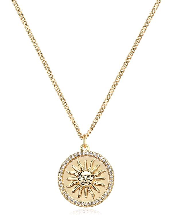 MEVECCO Women Gold Necklace Coin Disc Celestial Patterned Engraved Pendant 18K Gold Plated Simple... | Amazon (US)