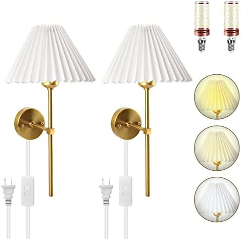 AoKinRound Plug in Dimmable Wall Sconces Set of Two, White Fabric Shade Wall Lamp with 6ft Hardwi... | Amazon (US)