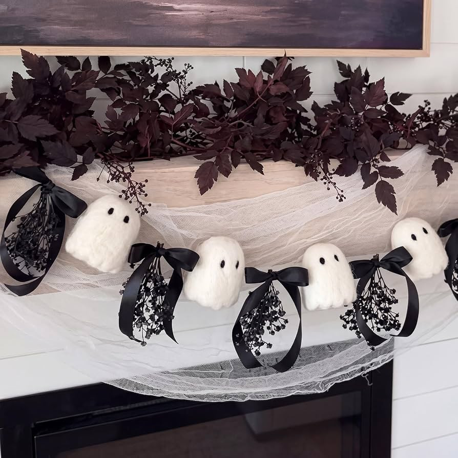 Kajaia 6.5 ft Halloween Ghost Garland with Black Bows and Gypsophila Flocked Foam White Ghost Ban... | Amazon (US)