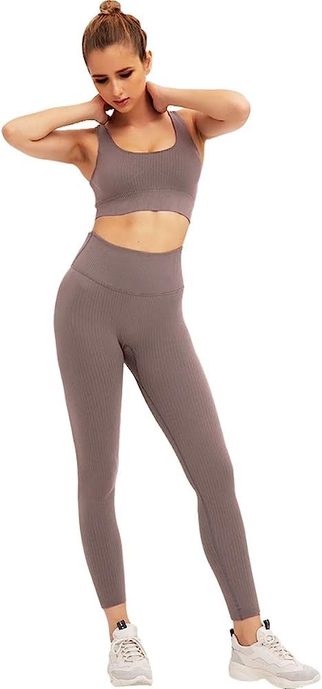 Jetjoy Exercise Outfits for Women 2 Pieces Ribbed Seamless Yoga Outfits Sports Bra and Leggings S... | Amazon (US)