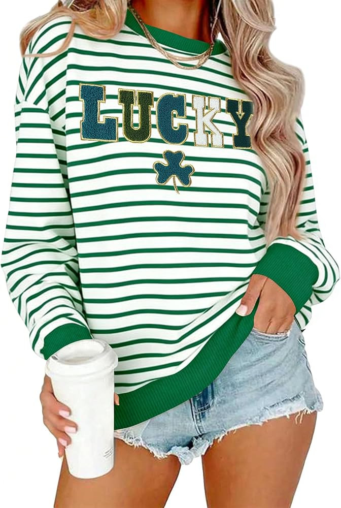 St Patricks Day Sweatshirt Women Lucky Shamrock Shirt Embroidered Striped Holiday Long Sleeve Pul... | Amazon (US)