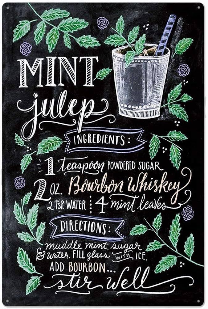 Vintage Mint Julep Cocktail Recipe Tin Metal Signs Wall Art Decoration - Funny and Unique Artwork... | Amazon (US)