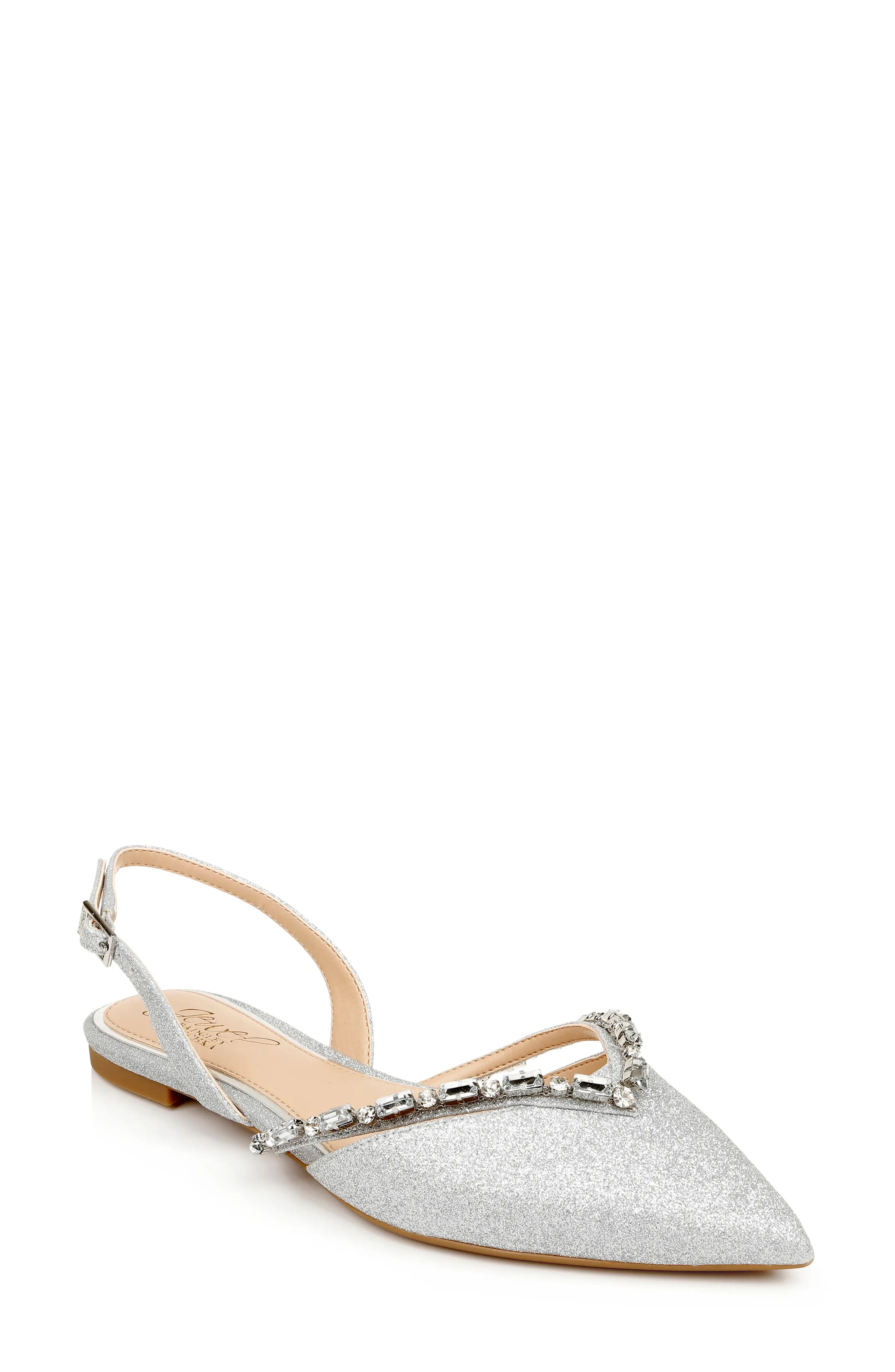Jewel Badgley Mischka Camden Pointed Toe Slingback Flat, Size 6 in Silver at Nordstrom | Nordstrom