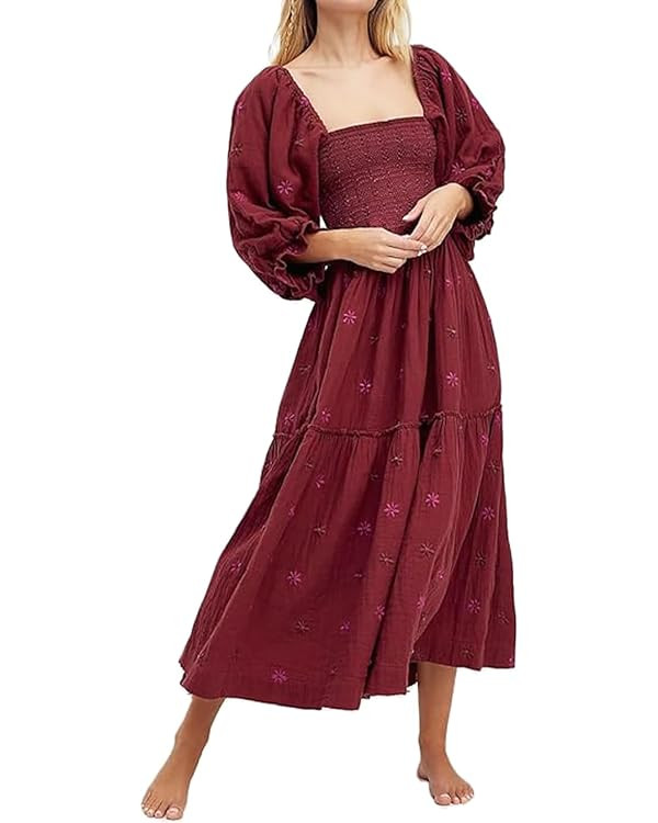 Women Floral Embroidered Maxi Dress Long Puff Sleeve Square Neck Bohemian Flowy Dress with Pocket... | Amazon (US)