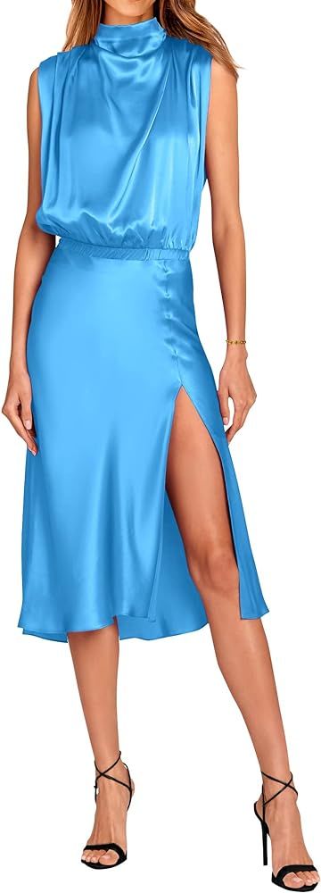 PRETTYGARDEN Women Summer Formal Mock Neck Sleeveless Satin Dress Elastic Waist Slit Midi Wedding Gu | Amazon (US)