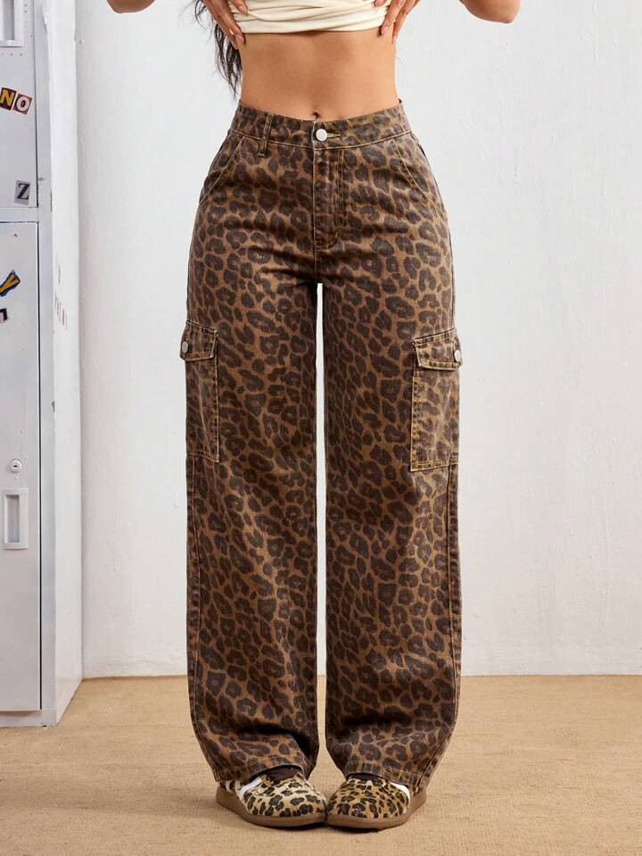 SHEIN PETITE Leopard Print Multi-Pocket Casual Versatile Denim Jeans | SHEIN