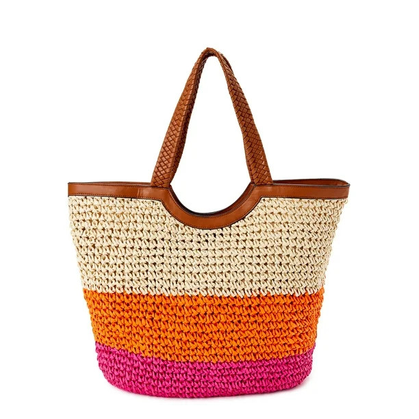 Time and Tru Extra Large Woven Straw Beach Travel Tote Bag | Walmart (US)