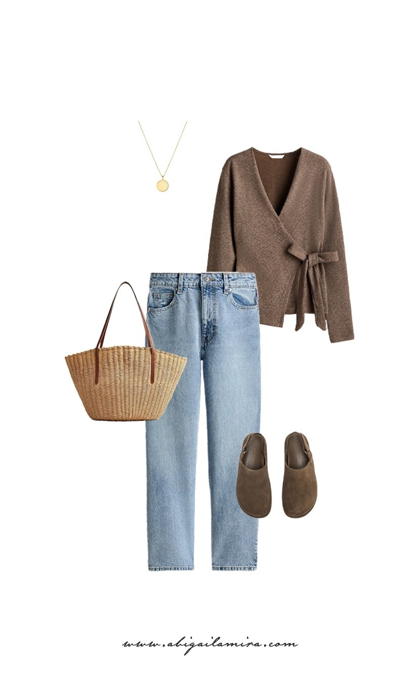 WHAT I'M WEARING WEDNESDAY 03/04/2026
This Outfit is all about effortless, everyday ease with a warm, earthy touch. The soft wrap cardigan in a rich brown hue pairs perfectly with relaxed light-wash denim for a look that feels cozy yet put-together. Styled with simple clogs, a woven tote, and a delicate, engravable gold necklace, it’s the kind of outfit that transitions seamlessly from slow mornings to casual afternoons out.

#LTKMidsize #LTKspringtrends #LTKgrwm