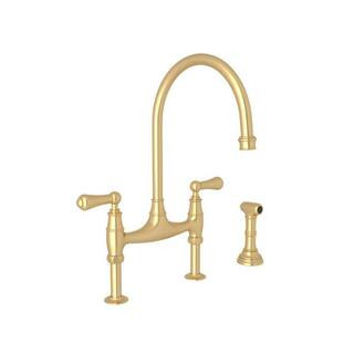 PERRIN & ROWE Georgian Era Double-Handle Bridge Kitchen Faucet in Satin English Gold | The Home Depot