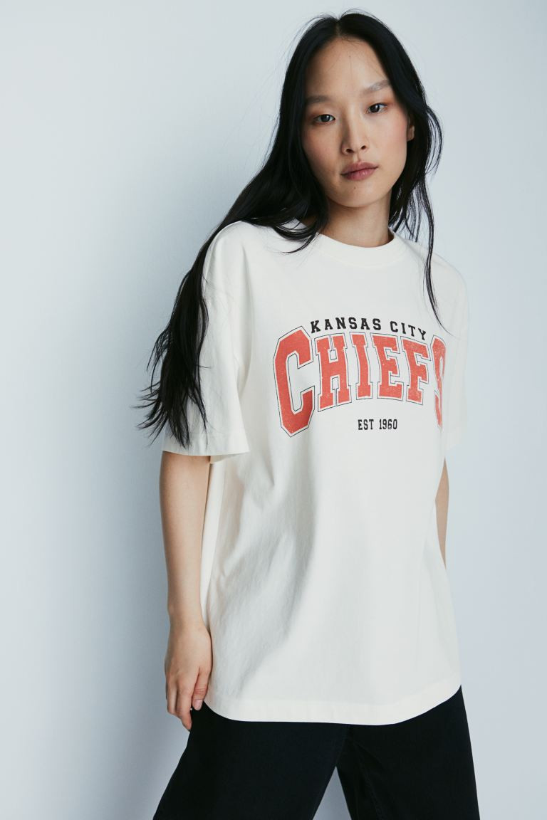 Long printed T-shirt - Round neck - Short sleeve - White/Kansas - Ladies | H&M GB | H&M (UK, MY, IN, SG, PH, TW, HK)
