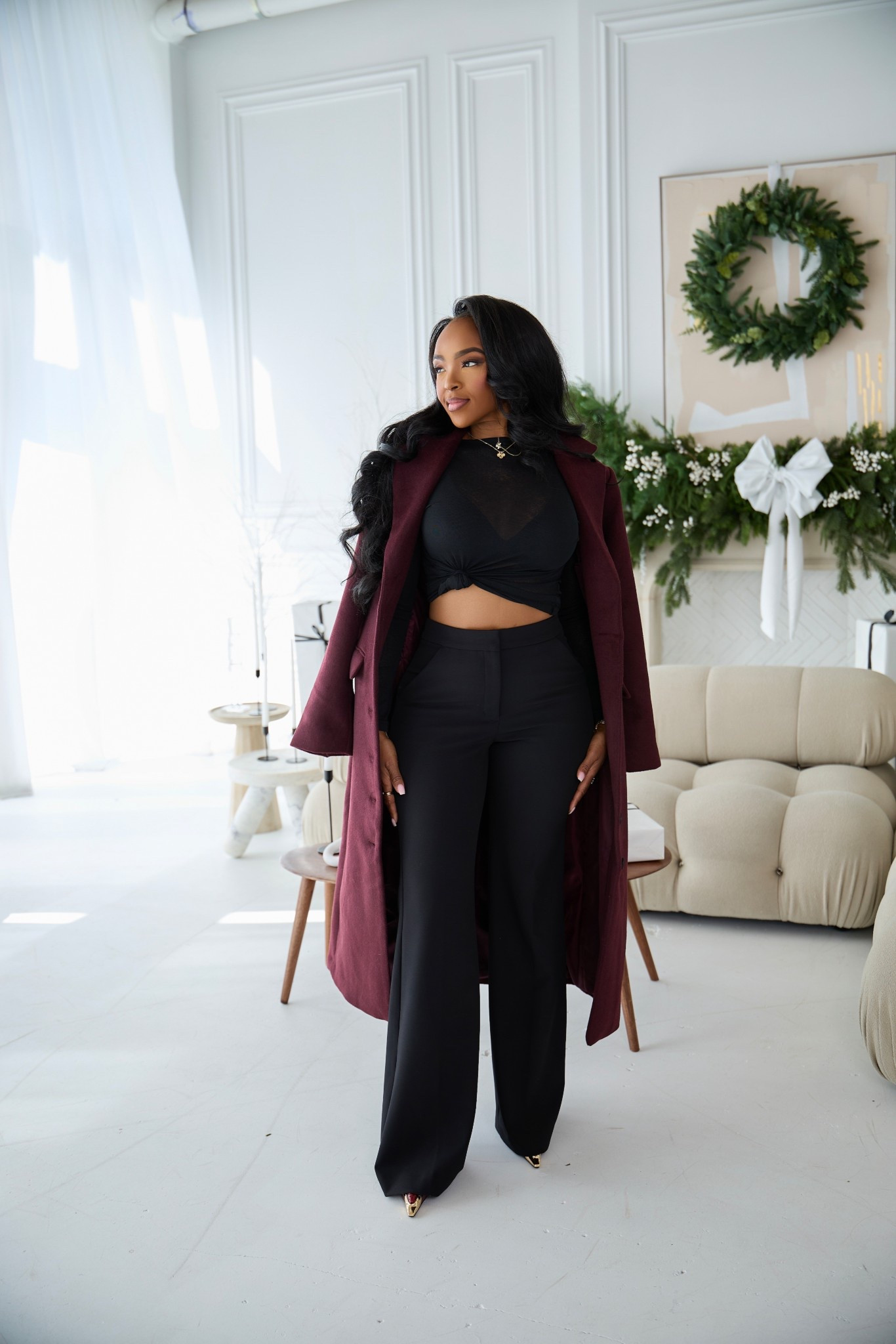 CHIC THANKSGIVING DINNER LOOK 🍷  

Sophisticated and sleek — this all-black set layered with a rich wine-toned coat is the definition of modern elegance. The perfect balance between classic tailoring and bold femininity.  

Perfect for Thanksgiving dinner, date night, or holiday gatherings.  

📏 Sizing: Top (small) | Trousers (small) | Coat (true to size).  

thanksgiving outfit inspo, fall dinner outfit, burgundy coat outfit, chic fall look, elevated holiday fashion.  

Follow me on Instagram and YouTube @kirasfashionfinds

#LTKHoliday #LTKFindsUnder50 #LTKStyleTip