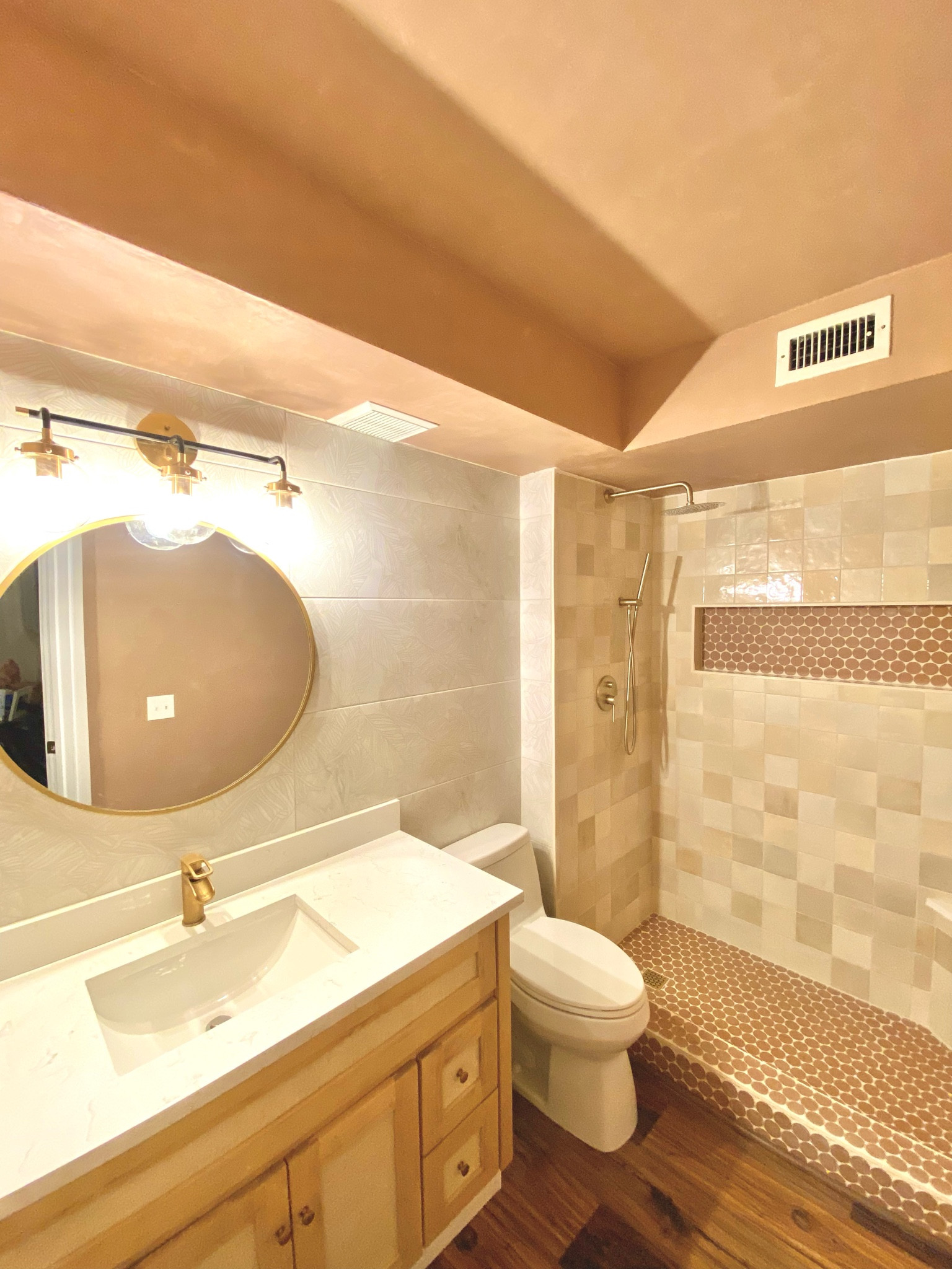 Beautiful bohemian neutral bathroom with gold fixtures, rain shower and DIY Roman Clay!

#LTKhome
