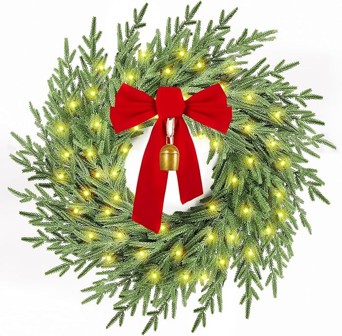 Christmas Wreath with Lights,26" Real Touch Pine Wreath with Bow and Bell, Artificial Christmas W... | Amazon (US)
