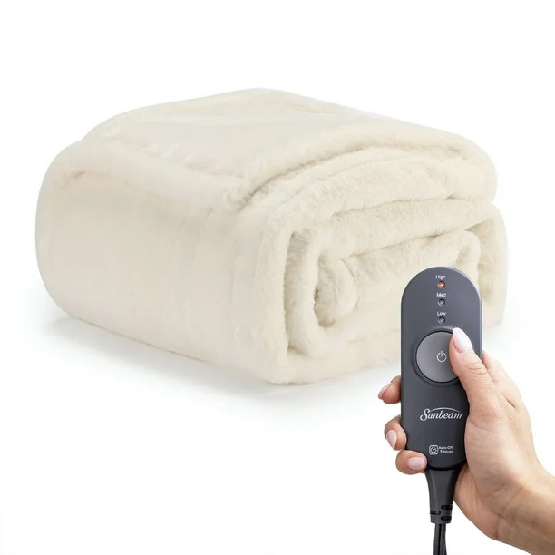Sunbeam White Faux Fur Heated Throw - Walmart.com | Walmart (US)
