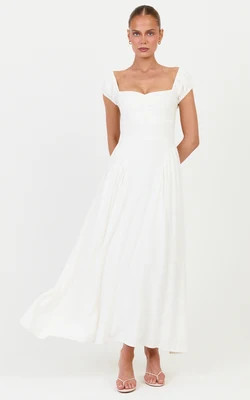 Astrid Midi Dress - Sweetheart Neckline Capped Sleeve Dress in Off White | Showpo (US, UK & Europe)