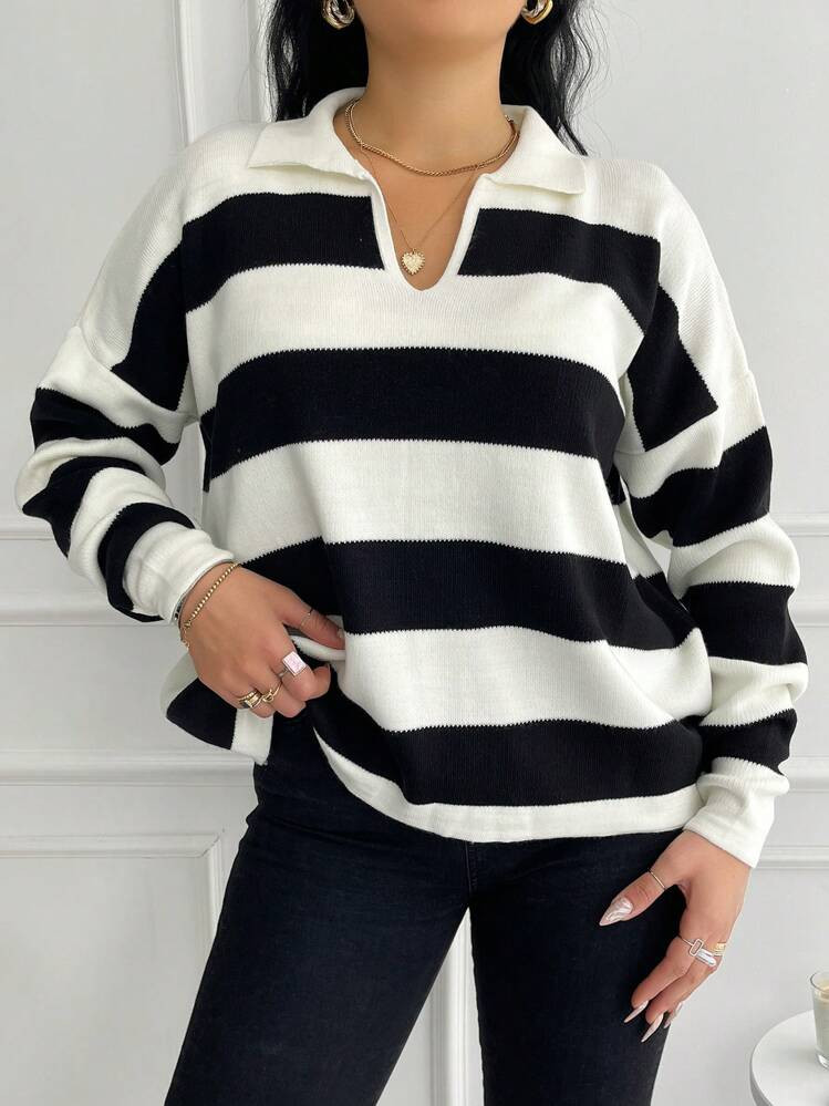 SHEIN Women'S Plus Size Striped Collared Pullover Sweater | SHEIN